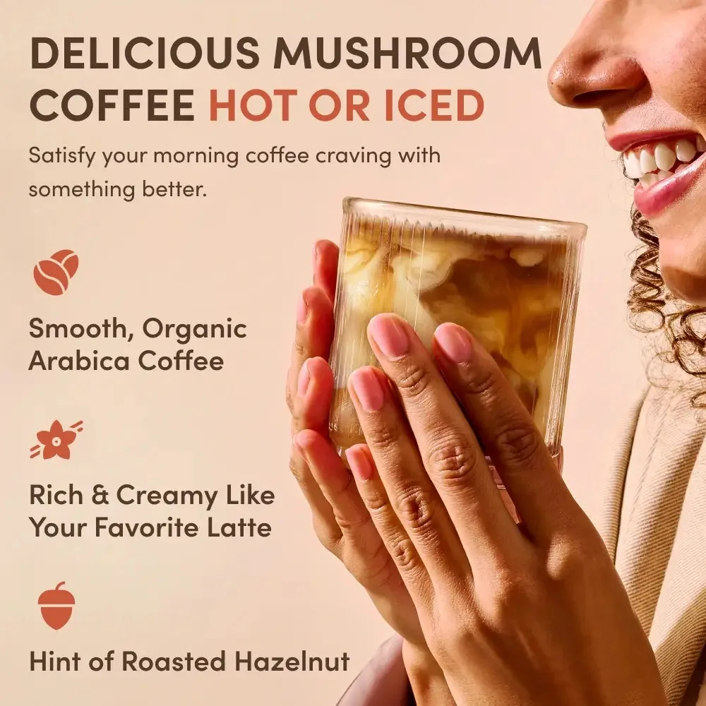 Delicious mushroom coffee hot or iced: smooth organic arabica, rich and creamy like a latte, with a hint of roasted hazelnut
